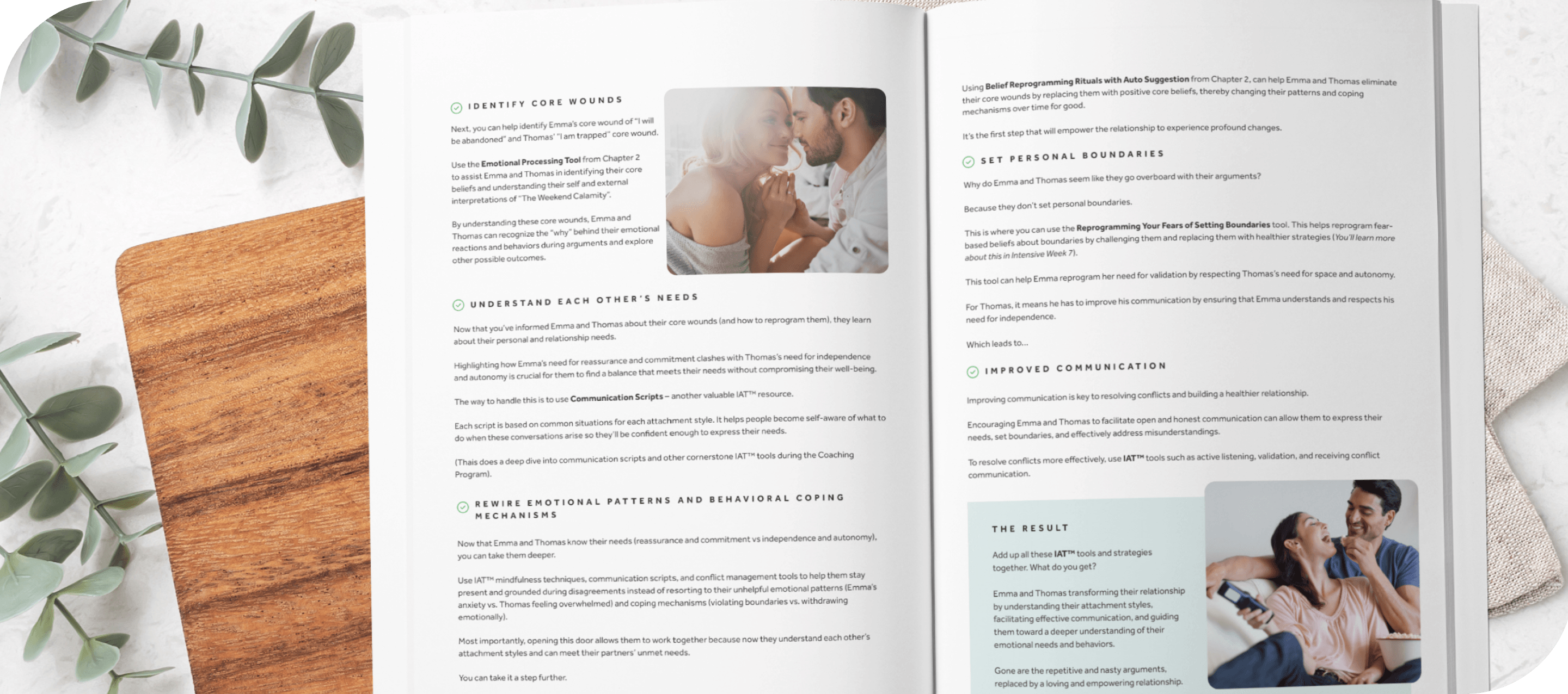 An image of the inside of the ebook. It shows many features about the eboo such as learning howe to identify core wounds or reqire emotional patterns.