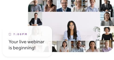 A mockup of Thais teaching an online webinar to several students.