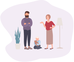 A vector image of a family of 3 with a man, woman and childhood standing in the living room.