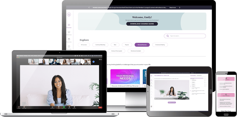 A mockup of PDS courses and features on several devices: an iMac, macbook, iPad and iPhone.