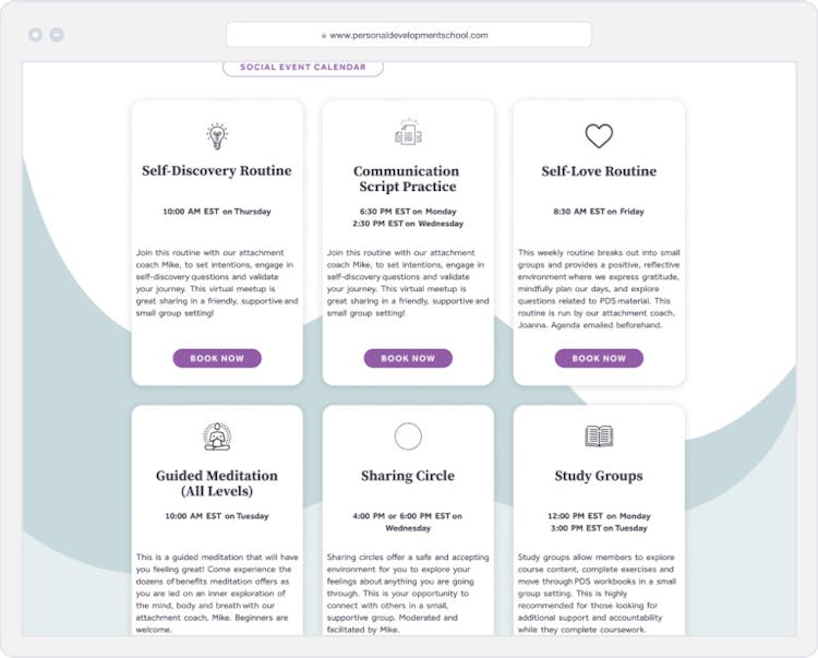A screenshot of the social events available at PDS: Self Discovery Routine, Communication Scripts Practice, Self-Love Routine, Guided Meditations, Sharing Circle and Study Groups.