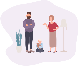 A vector image of a family of 3 with a man, woman and childhood standing in the living room.