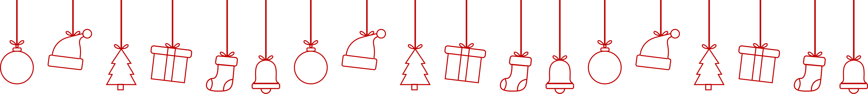 Christmast decorations - bulb, hat, christmas tree, gift and socks hanging from a wire